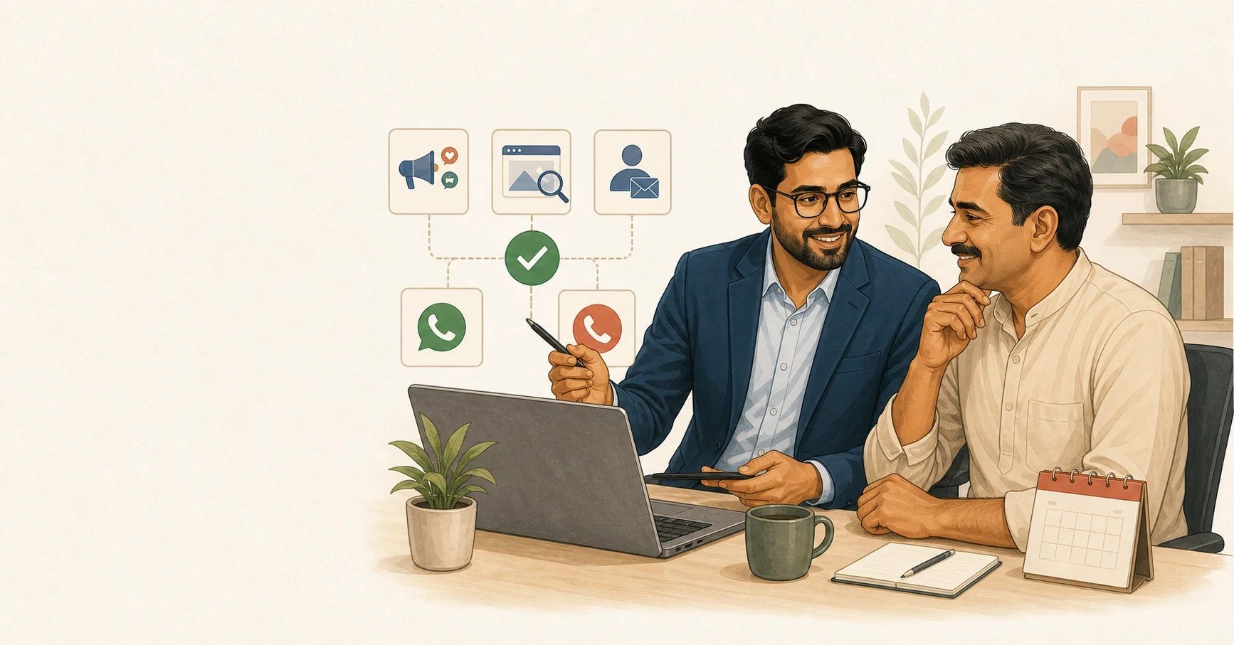 An illustrated Indian business owner and a human growth advisor discussing which managed AI marketing and sales service suits the company.