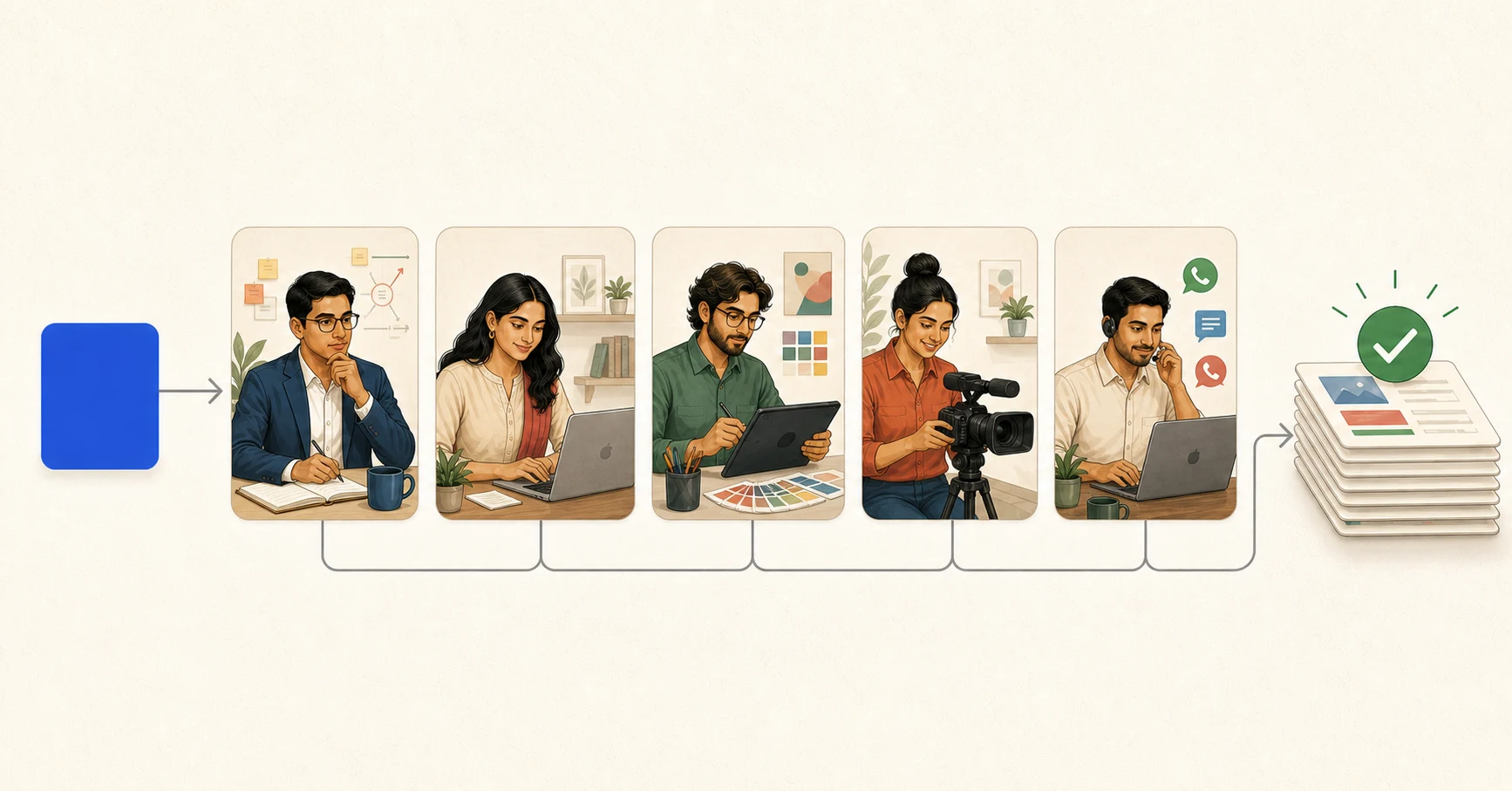 Five illustrated Indian AI specialists working together on approved monthly business tasks.