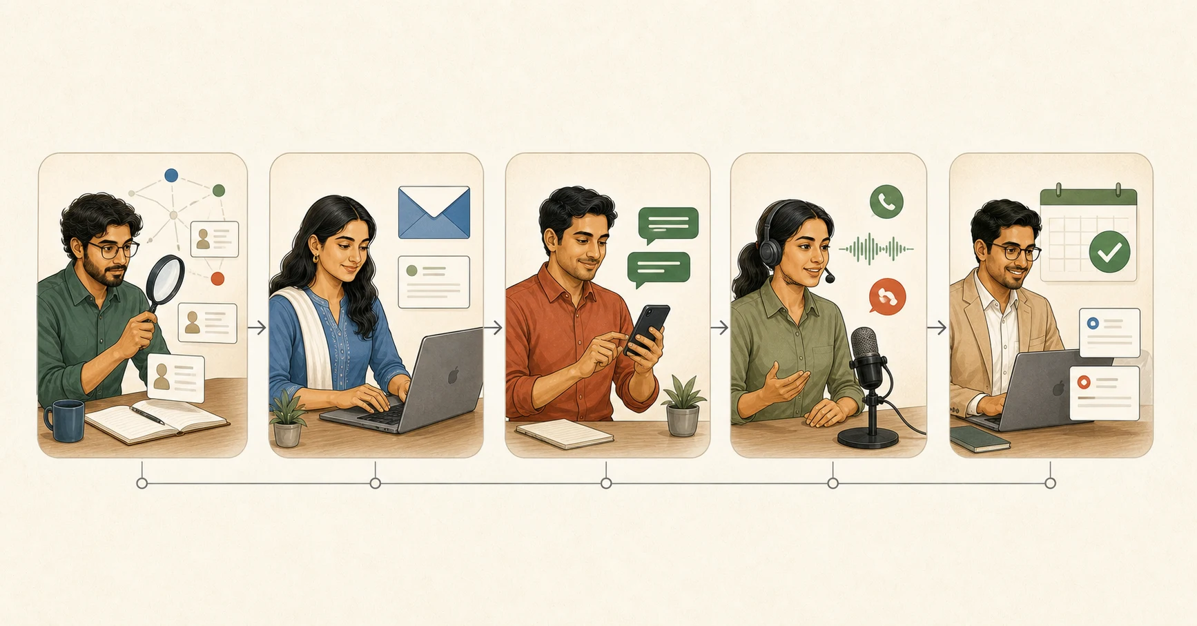 An illustrated Indian AI voice team answering a call, qualifying the buyer and booking an approved meeting.