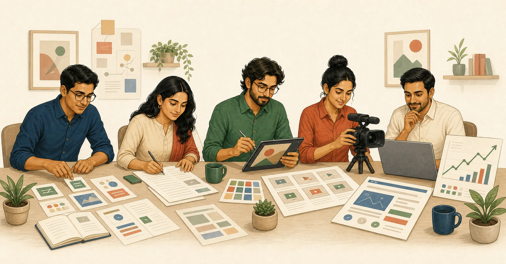 An illustrated Indian AI content team planning, writing, designing and preparing approved social media work.
